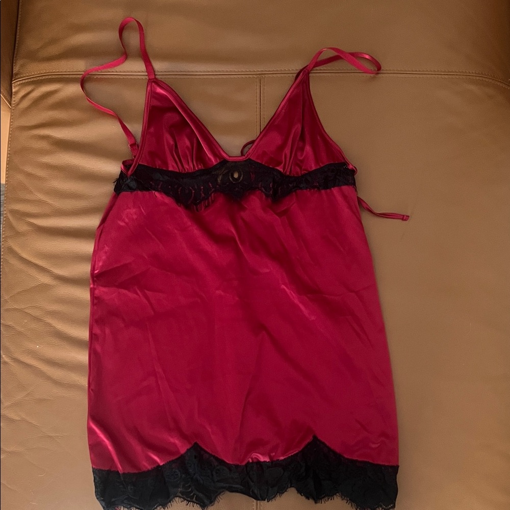 Elegant Red Satin Chemise/Nighty with Black Lace Trim